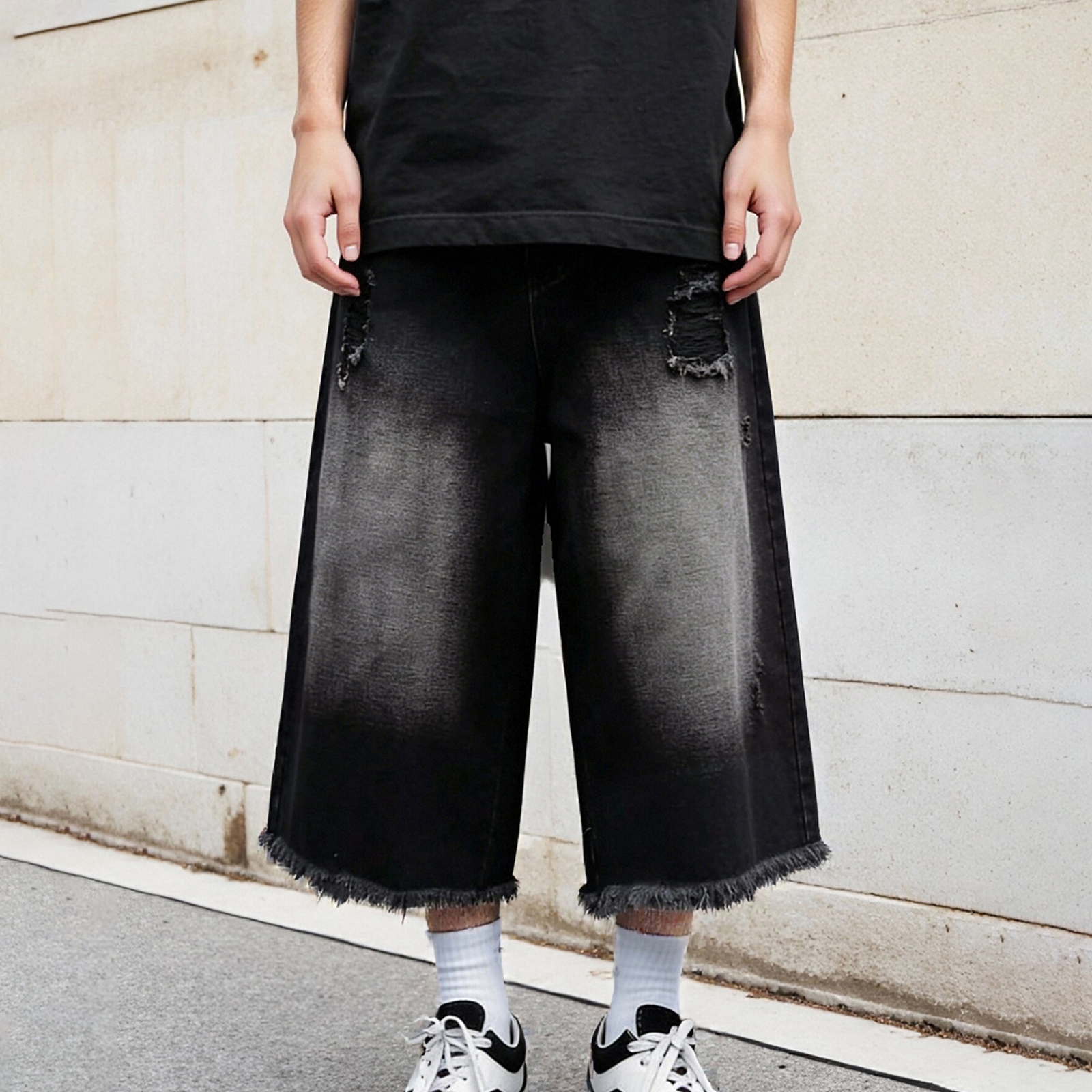 Distressed Jean Rip - Men Cropped Jeans Washed Distressed Ripped