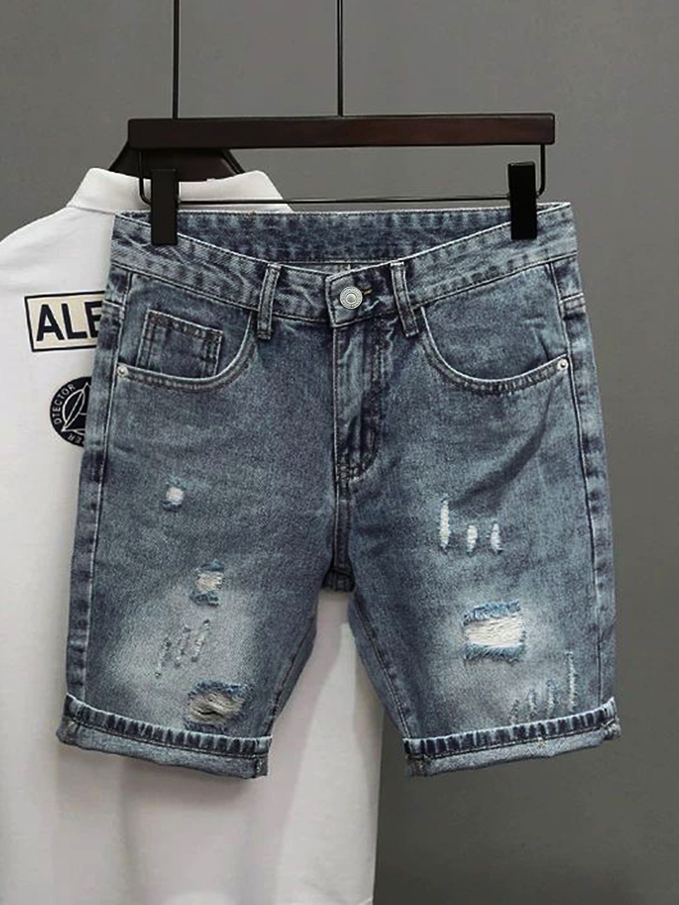 Distressed Jean Rip - Light Blue Denim Shorts Men's Summer