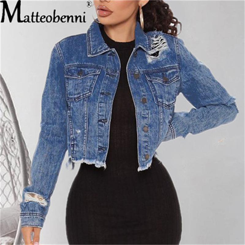 Distressed Jean Rip - Blue Cropped Denim Jackets Women 2021