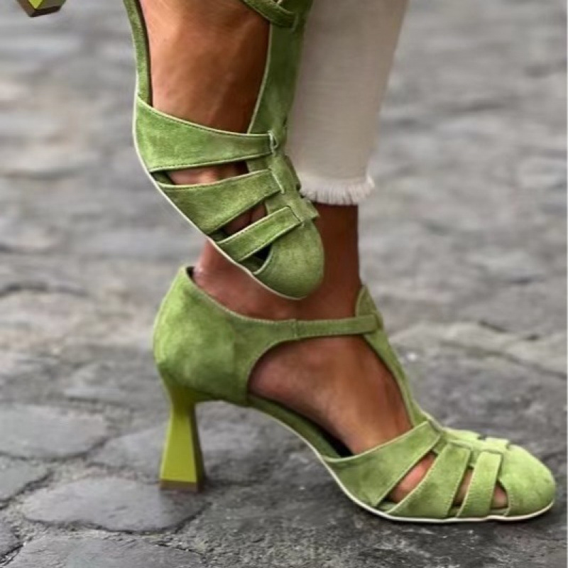 Women's Green Suede Kitten Hee - Street Fashion Dress avaliação e preço