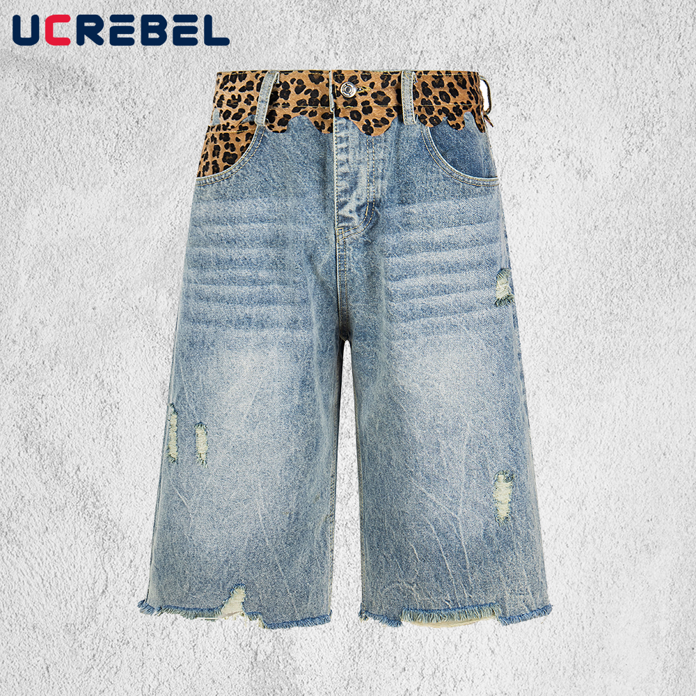 Leopard Patch Denim Shorts Men - Distressed Jean Rip avaliação e preço