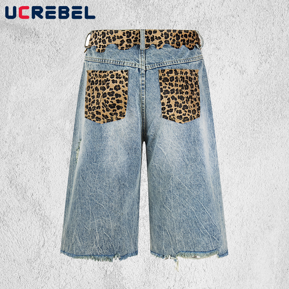 Leopard Patch Denim Shorts Men - Distressed Jean Rip avaliação e preço
