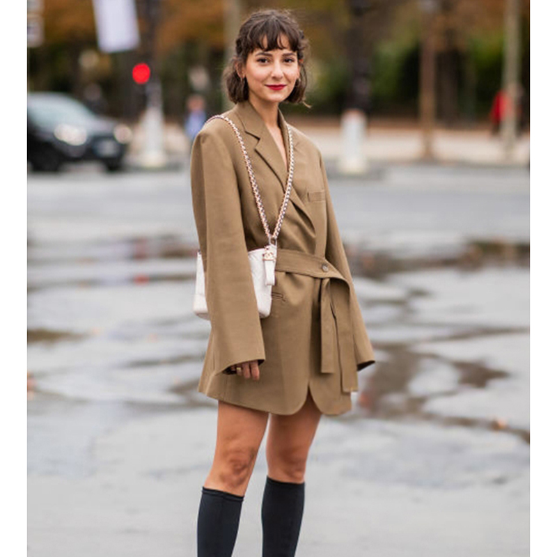 Chic Khaki Midi Suit Dress Fas - Street Fashion Week avaliação e preço